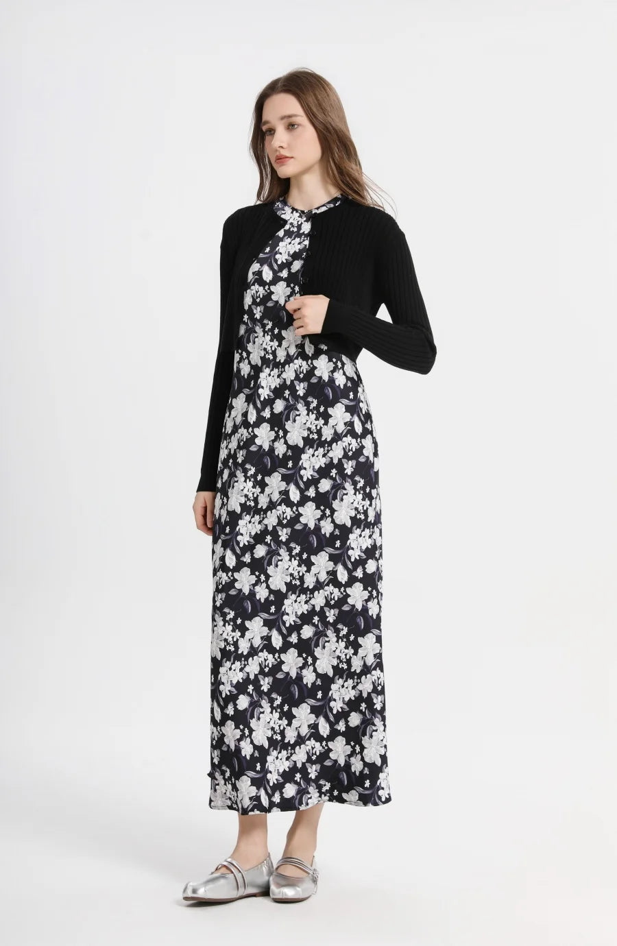 AS 2025 spring summer elegance satin dress + knitted top match set maxi floor length woman clothes