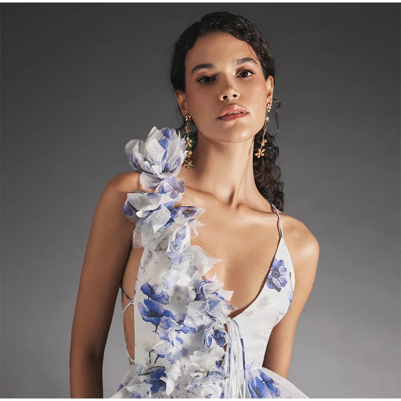 Backless Party Dress Women Elegant 3D Flower Print Sling Lace Up Ruffle A-line Mini Evening Dresses Female 2025 Summer Swimwears - Smarsty