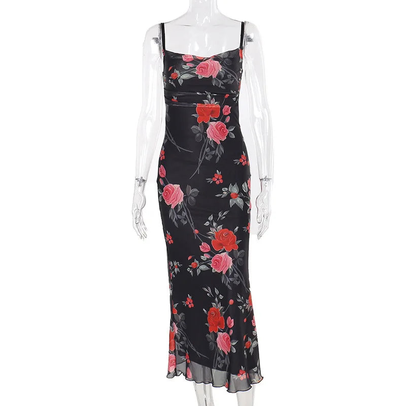 Flowers Print Spaghetti Strap Dresses Women Temperament Package Hip Bodycon Long Dress Fashion Sexy Backless Lady Slim Vestidos
