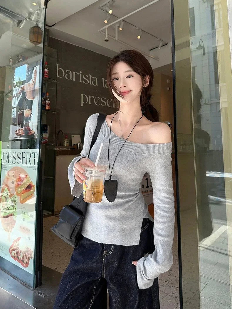 Sexy Pullovers Women Off Shoulder Cropped Knitted Basic Clothes Autumn All-match Side Slit Simple Tender Slim Gentle Seductive - Smarsty