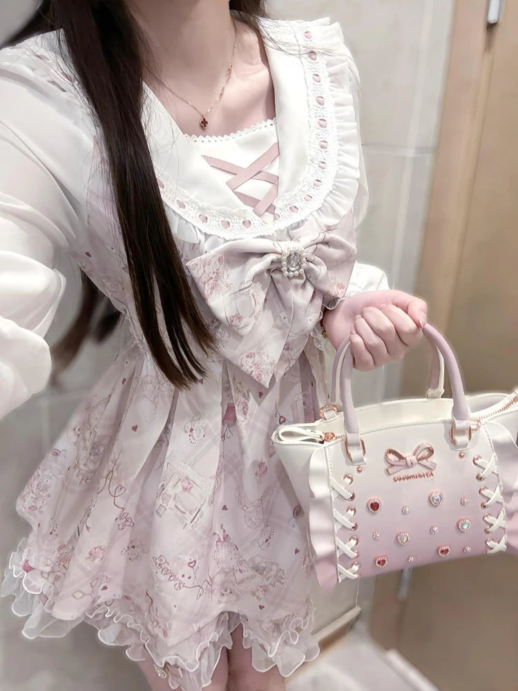 Japanese Sweet Cute Slim Dress Women Kawaii Chic Print Bow Thin Long Sleeve Dresses Female Design Pretty Lovely New Clothing - Smarsty