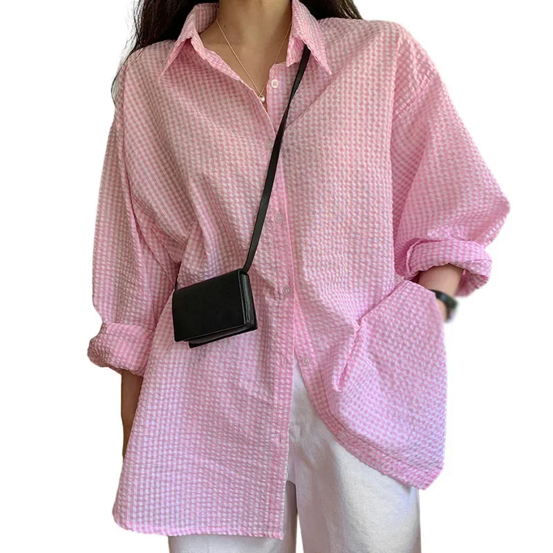 Korean Women's Shirt Sunscreen Long Sleeves Shirt Summer Women's Loose Casual Single Breasted Turndown Collar Plaid - Smarsty