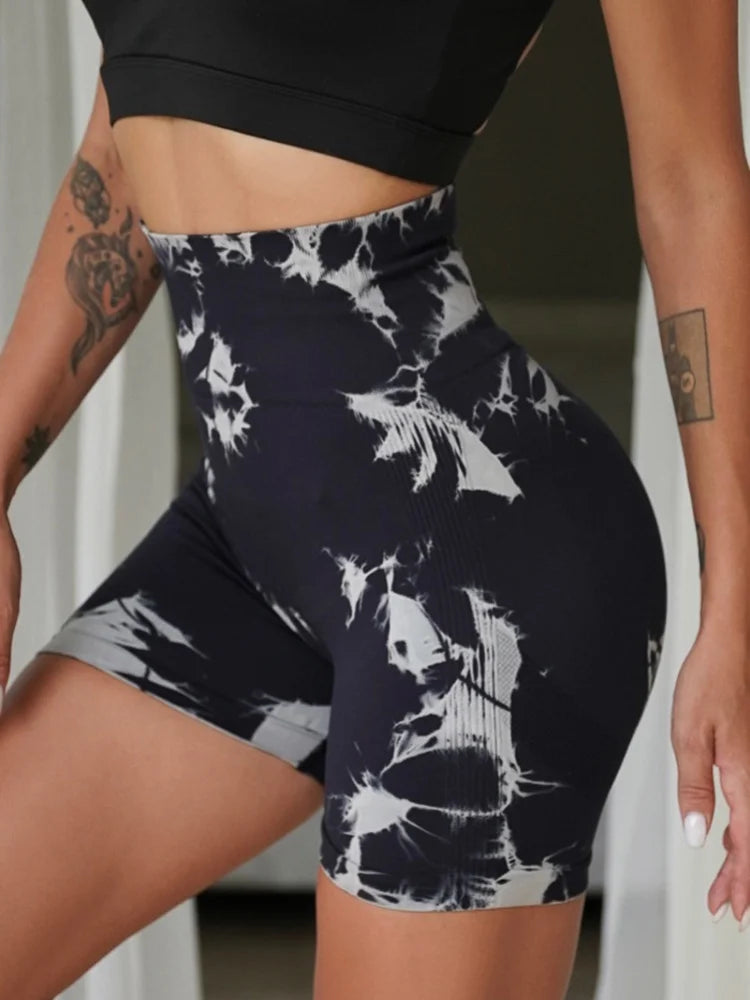 Tie Dye Multi Color Sports Shorts, High Waist Butt Lifting Training Shorts, Running Cycling Pants, Women's Activewear - Smarsty