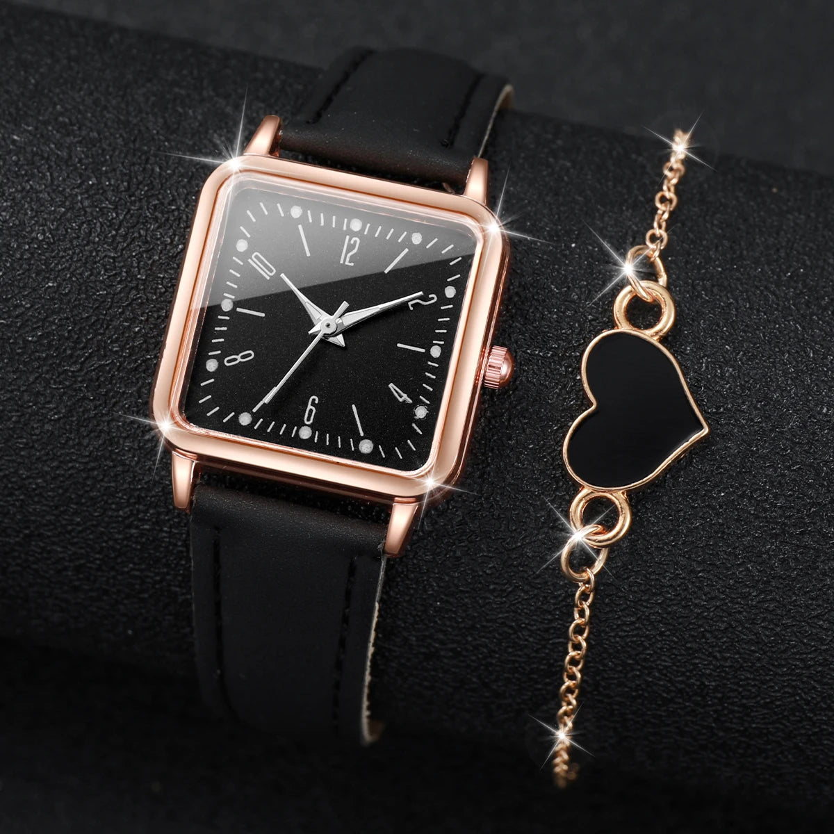2/4PCS Fashion Square Women's Watch Leather Band Quartz Watches Heart Bracelet Set(Without Box) - Smarsty