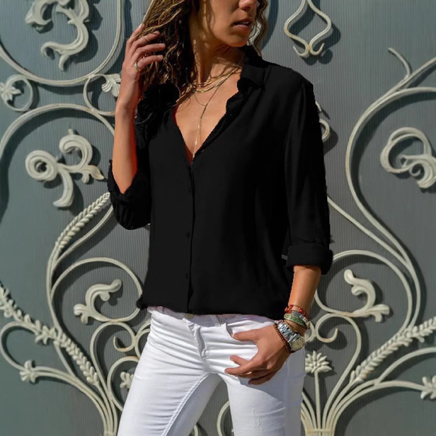 Women's summer outdoor long-sleeved lapel solid color versatile shirt fashion casual ladies single-breasted cardigan tops - Smarsty