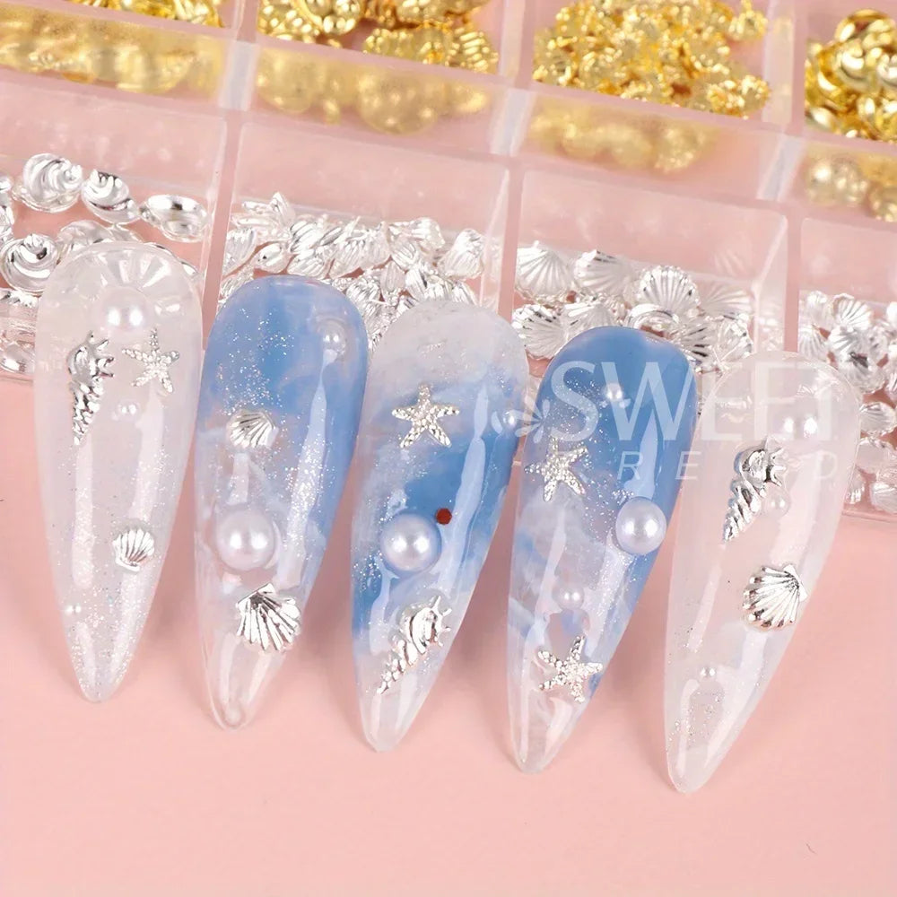 Metal Summer Ocean Nail Charms Set with Starfish and Shell - Smarsty
