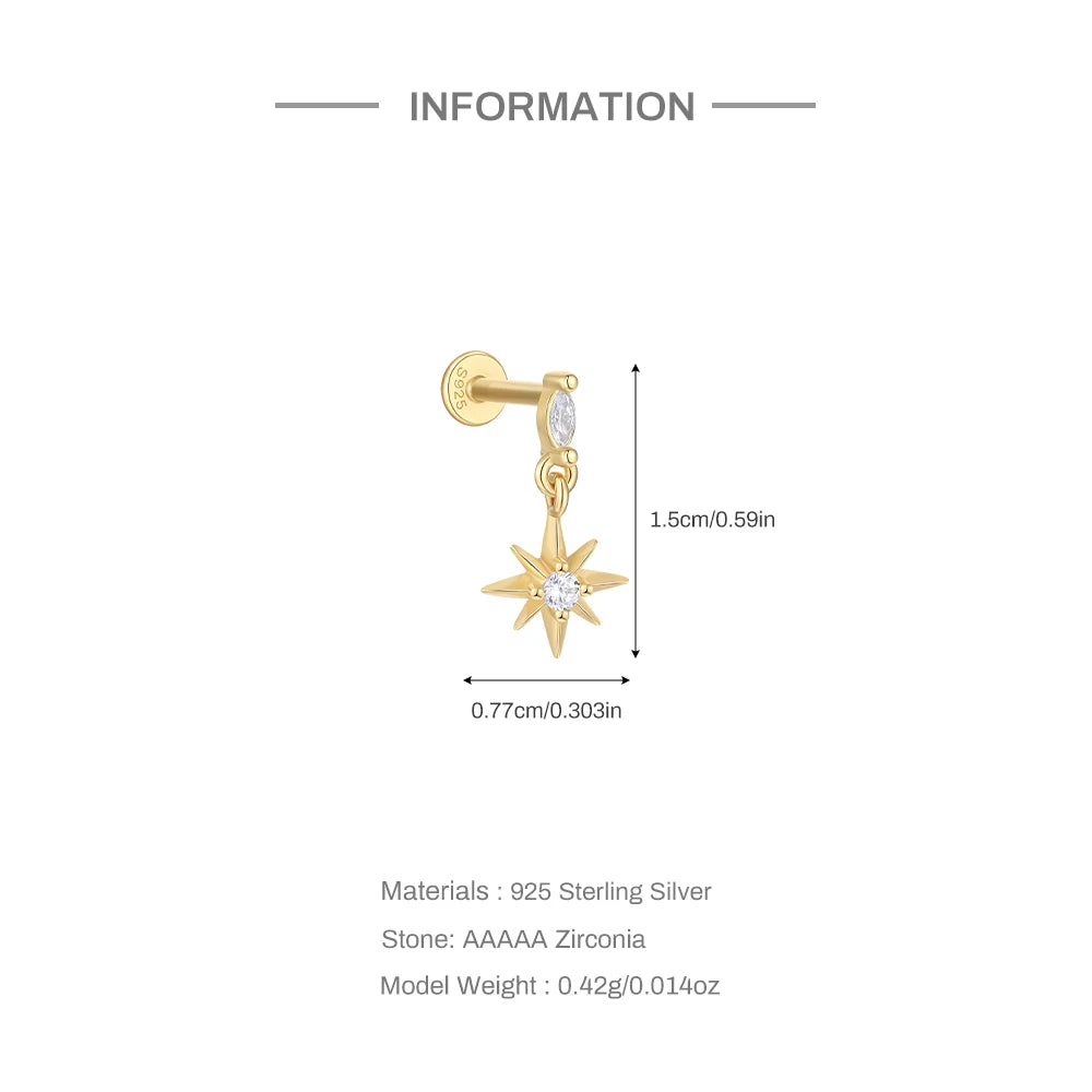 925 Silver Star Moon Zircon Stud Earrings Hypoallergenic - Smarsty