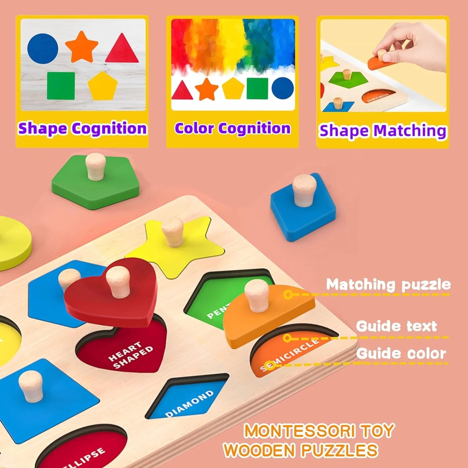 Montessori Color Sorting Toy Wooden Shape Matching Grasping Board Baby Jigsaw Puzzle Early Educational Toy Todder Fine Motor Toy - Smarsty