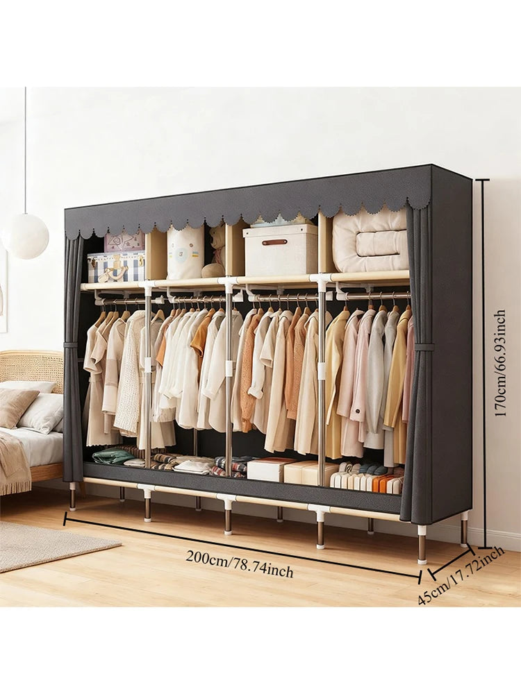 Heavy Duty Fabric Wardrobe 78.7x17.7x66.9in - 4 Hanging Rods & 4 Storage Spaces, 16mm Metal Frame with Thick Dust Cover