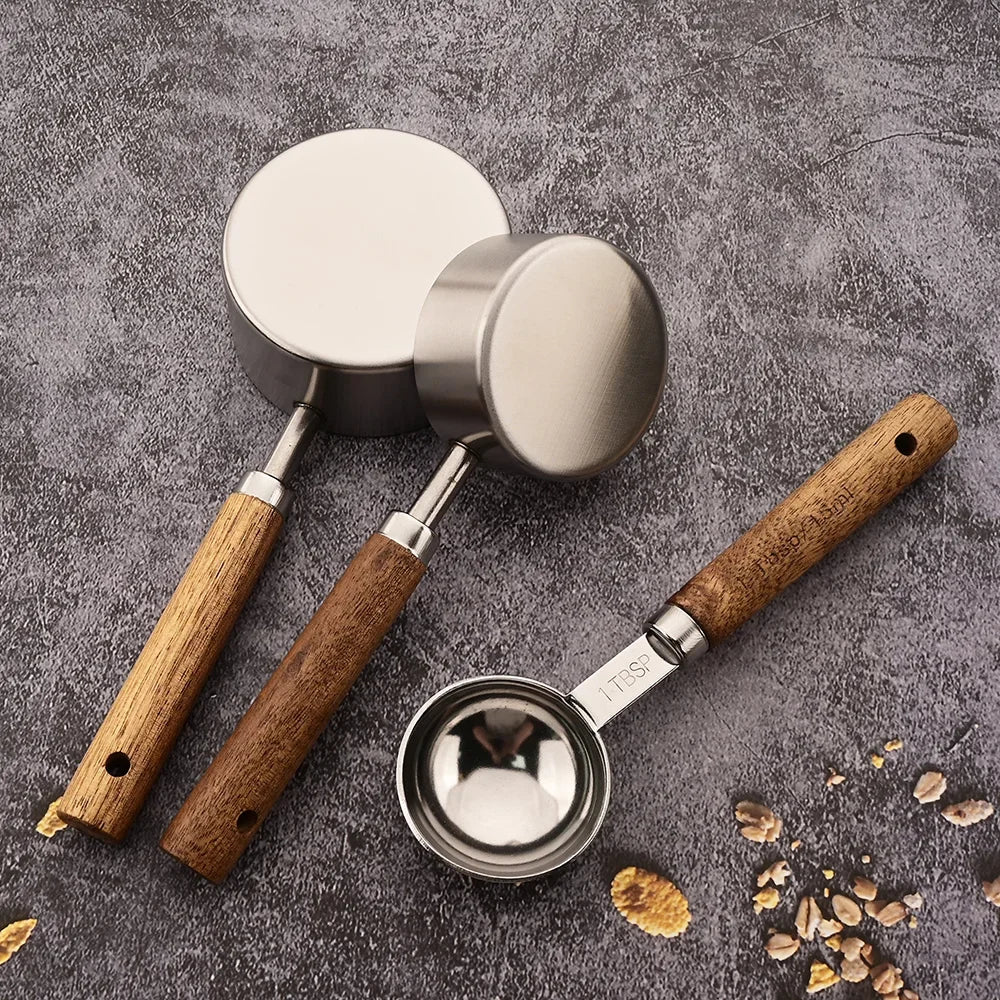 Gold Wooden Handle Stainless Steel Measuring Cups Set - Smarsty