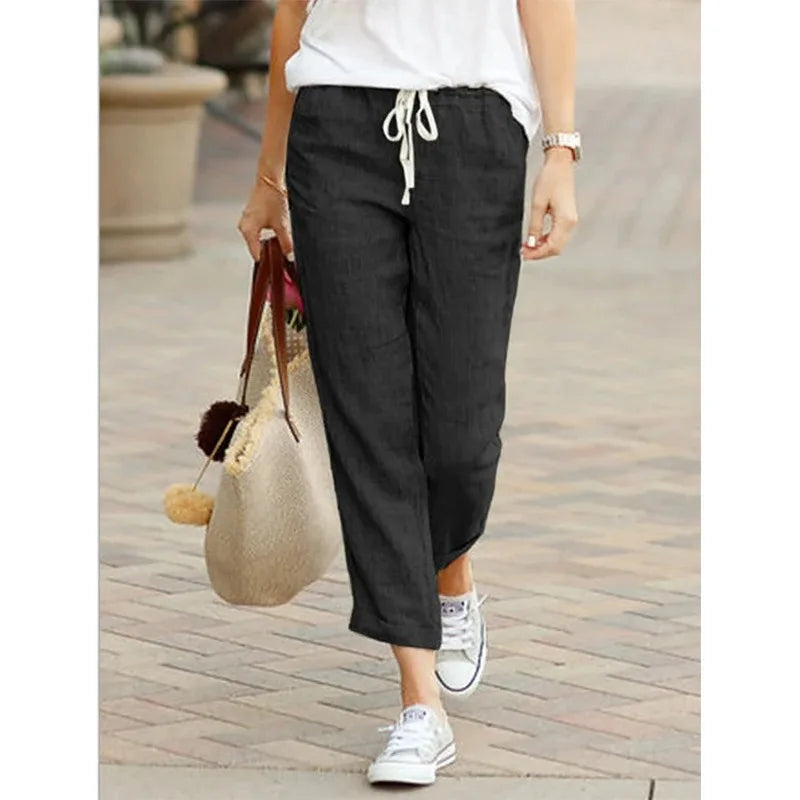 Autumn Cotton Women's Pants Y2K Black Drawstring Elastic Waist Casual Pants Female Loose Fashion Elegant Ladies Bottom - Smarsty