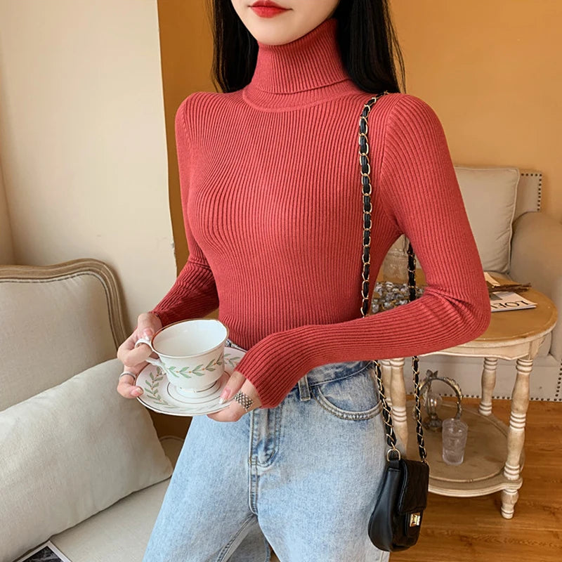 2025 Autumn Winter Women Long Sleeve Knitted Foldover Turtleneck Ribbed Pull Sweater Soft Warm Femme Jumper Pullover Clothes - Smarsty