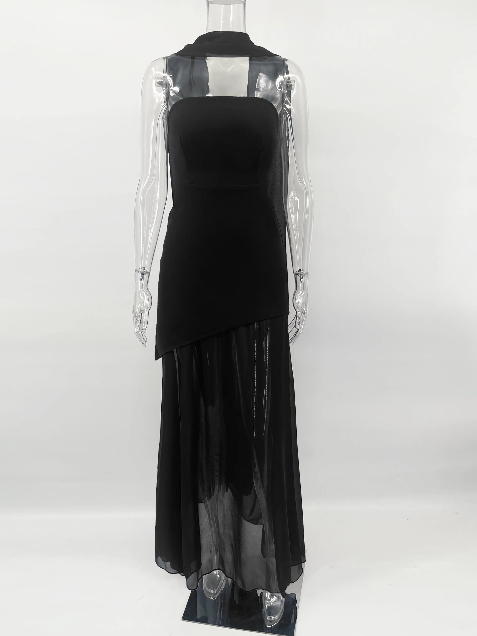 TARUXY Fashion Strapless Dress With Ribbon Female Elegant Sleeveless Mesh Beach Vacation Long Dress 2025 Spring New Women Dress