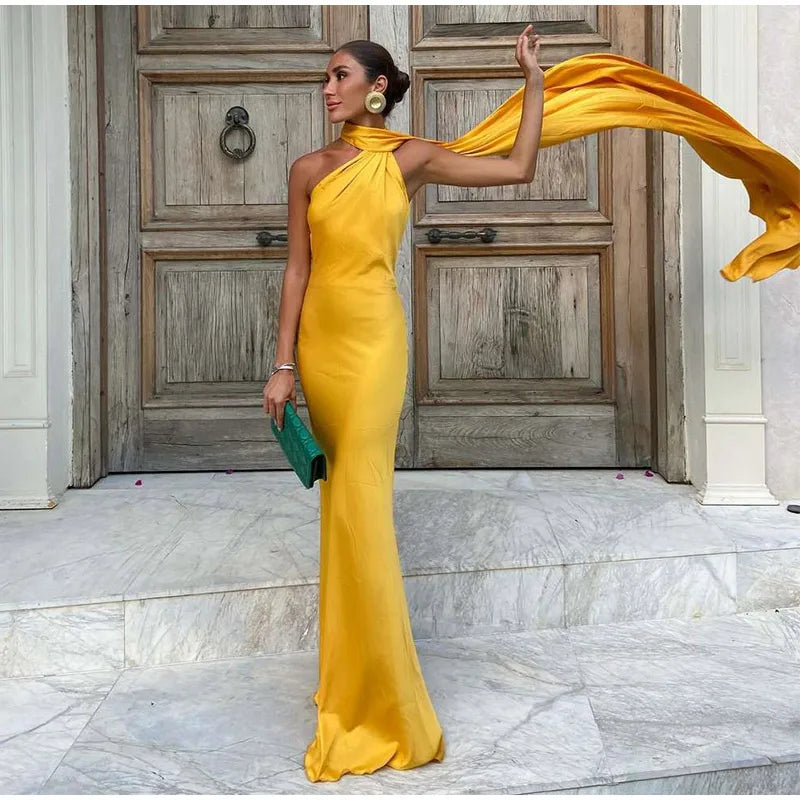 Elegant Solid Ribbon Women Halter Dress Off Shoulder Sleeveless Backless Slim Female Maxi Dresses 2025 Summer New Chic Lady Robe - Smarsty