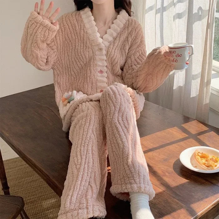 Thickened Warm Flannel Women Sleepwear Loungewear Cardigan Suit Winter Sweet Kawaii Soft Fairy Wind Ladies Pajamas Homewear - Smarsty