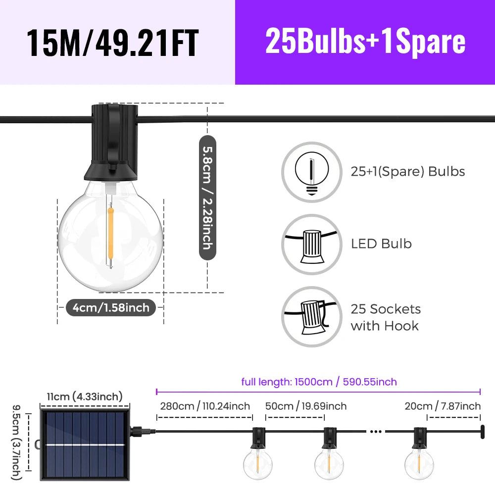 Mexllex 15.5M G40 Solar String Lights Outdoor with 8 Light Modes - Smarsty