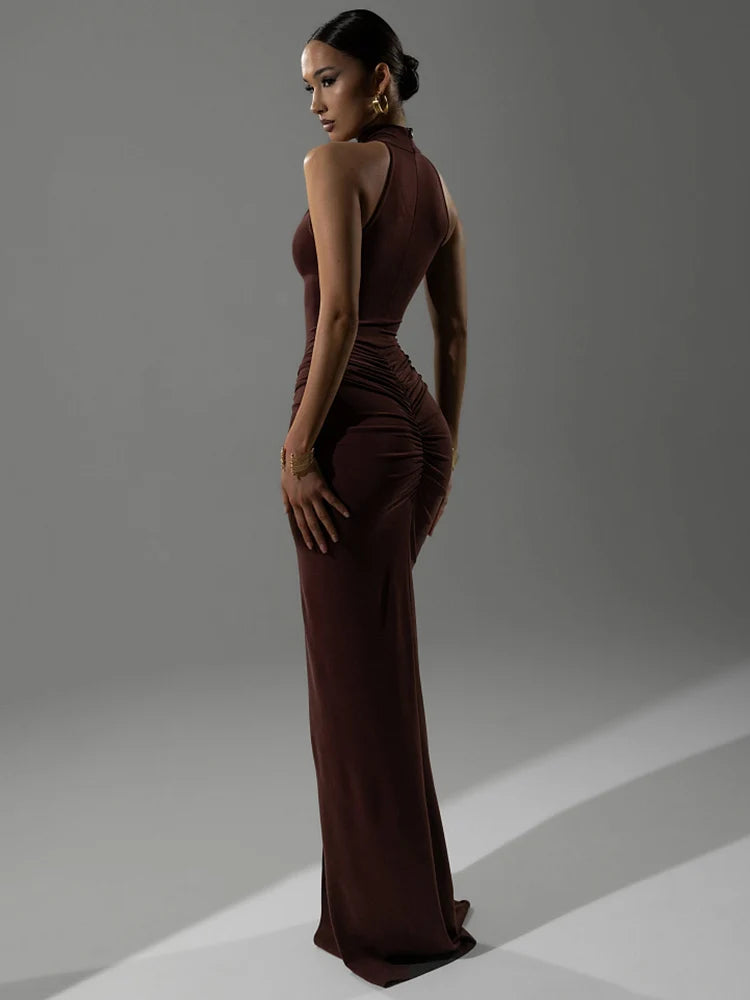 Mozision Halter Ruched Sleeveless Sexy Maxi Dress Women Gown Fashion Slim High Waist Evening Club Party Split Long Dress - Smarsty