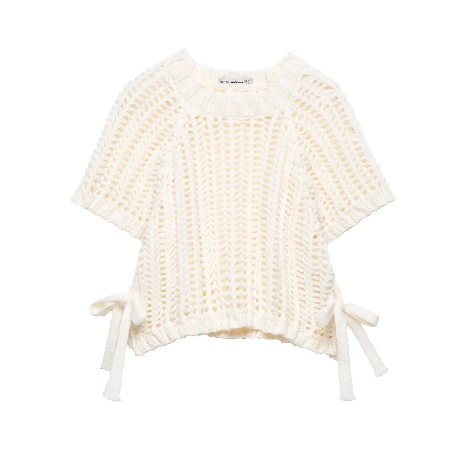 Hollow Out Knit Pullover Women Casual Round Neck Lace Up Bow Sweater Female Autumn Short Sleeves Solid Knitwears Lady - Smarsty