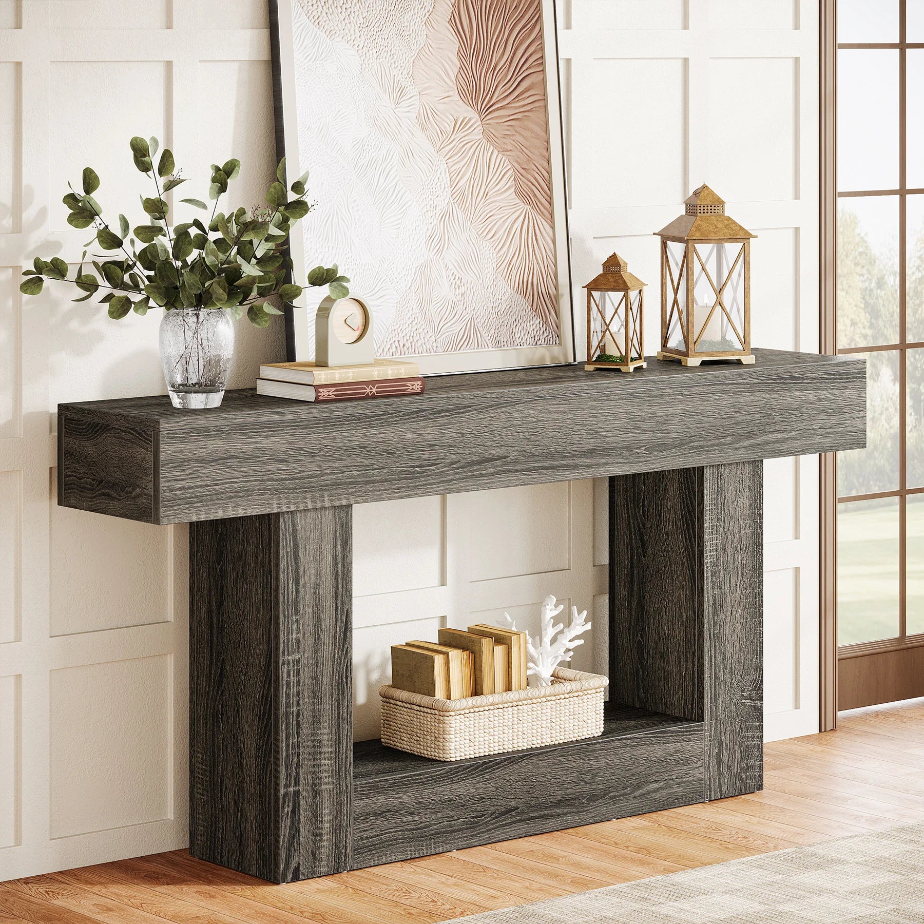 Tribesigns 63" Console Table, Farmhouse 2-Tier Entryway Table with U-Shaped Base, Narrow Long Wood Sofa Table Behind Couch Table