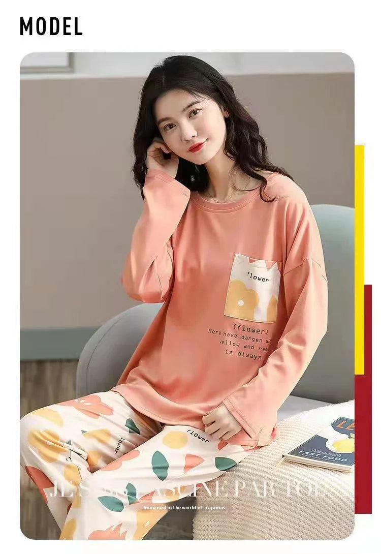 Spring and Autumn New Ladies Pajamas Homewear Set of Long-Sleeved Autumn and Winter Homewear Women Plus Size Pajamas Set - Smarsty