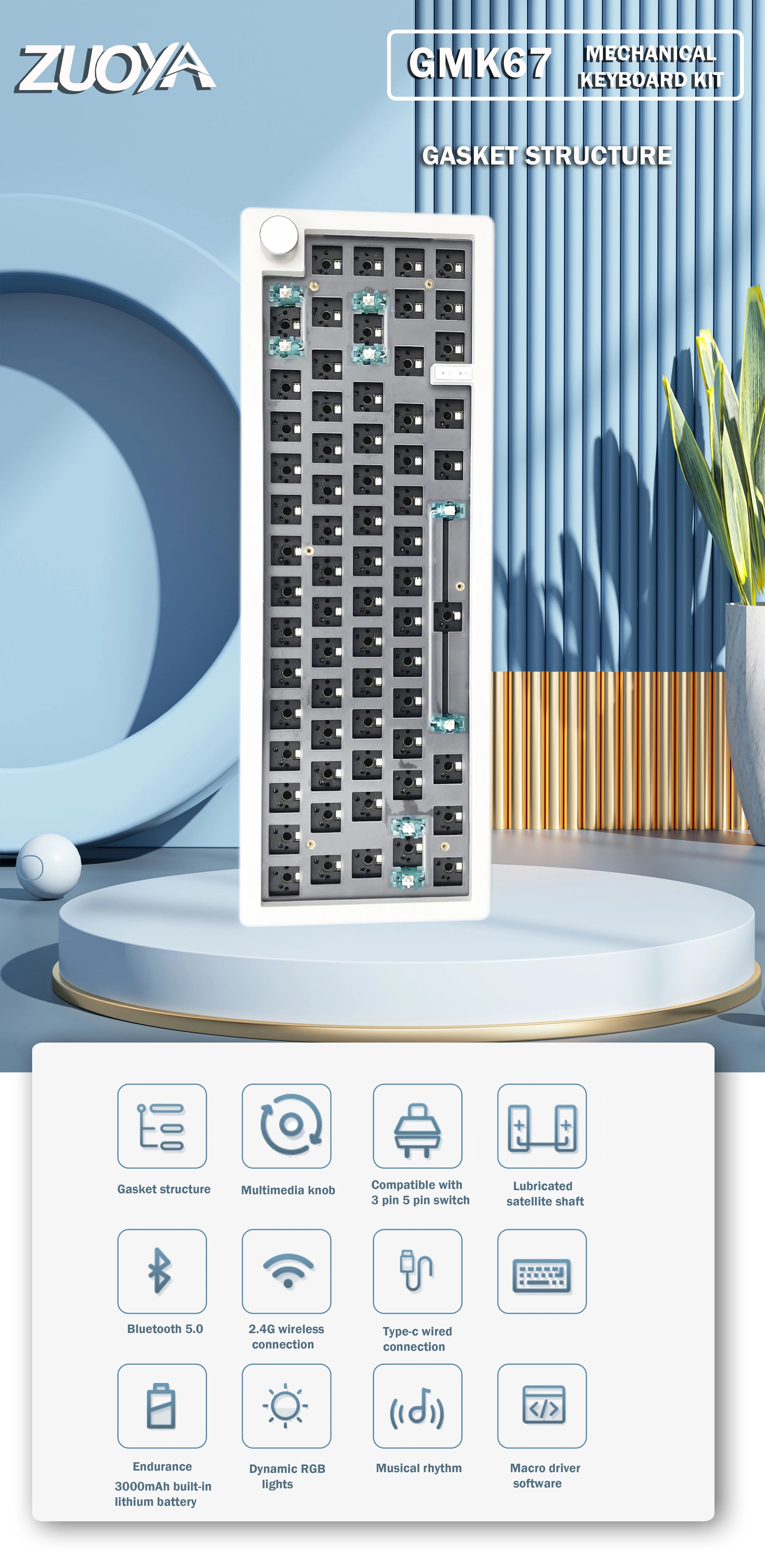 Gasket Mechanical Keyboard Kit Bluetooth With Hot Swappable