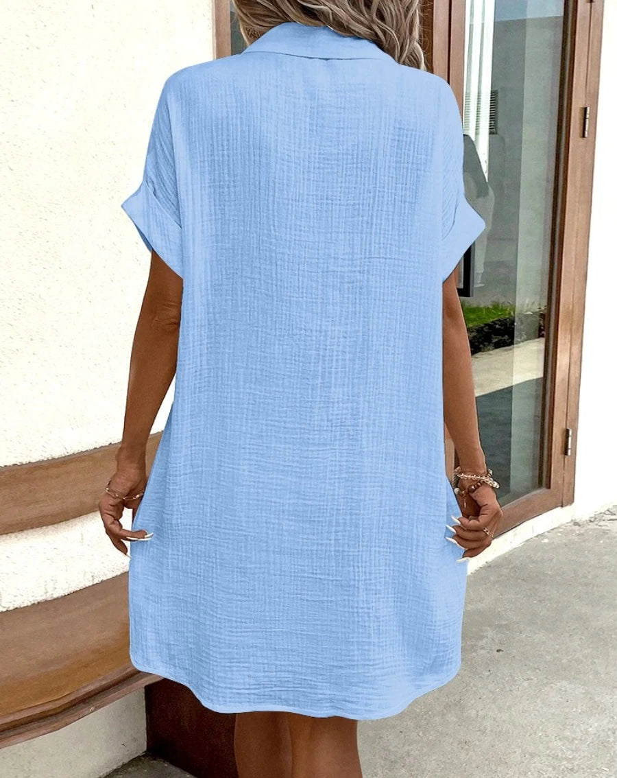 Vintage Women Solid Mini Dress Summer Fashion V-neck Three Quater Sleeve Cotton Linen Dress Ladies Casual Holiday Vestidos - Smarsty