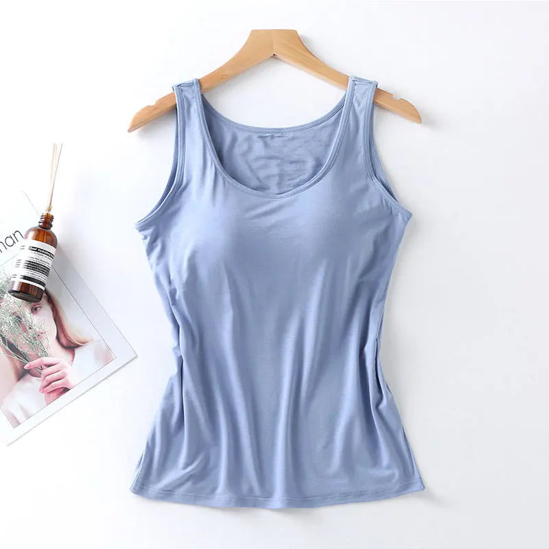 2023 Women's Vest Tops with Built In Bra Neck Vest Solid Color Padded Slim Fit Tank Tops Sexy Shirts Feminino Casual Tank Tops - Smarsty