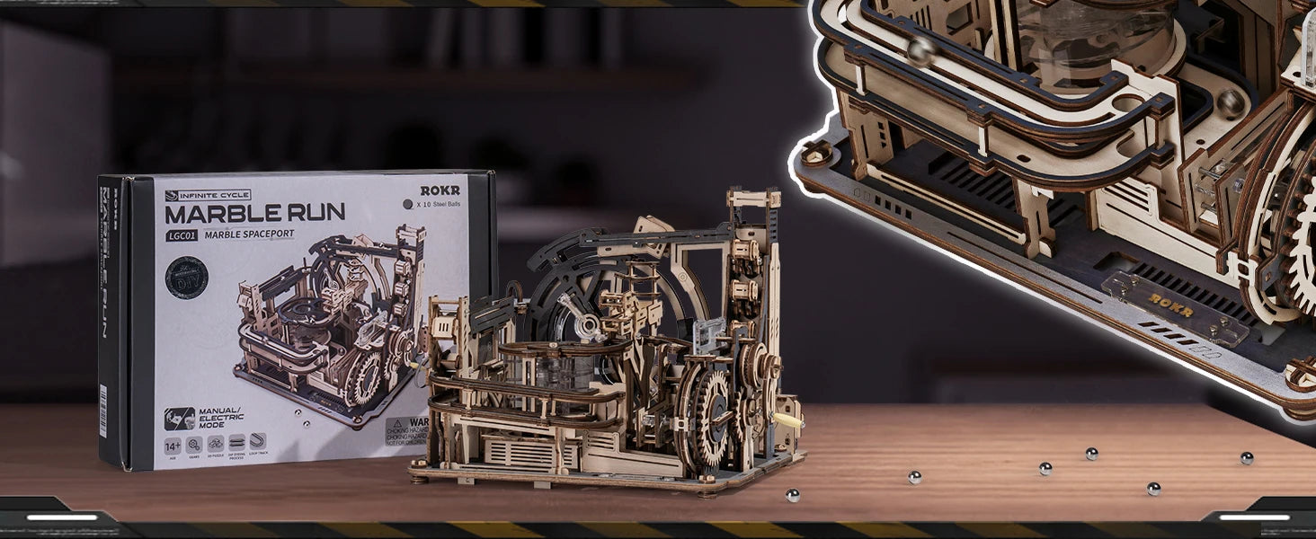ROBOTIME Rokr Electric Marble Run with Light 3D Puzzle Toys Marble Spaceport Gifts for Kids Children Connect With Night City