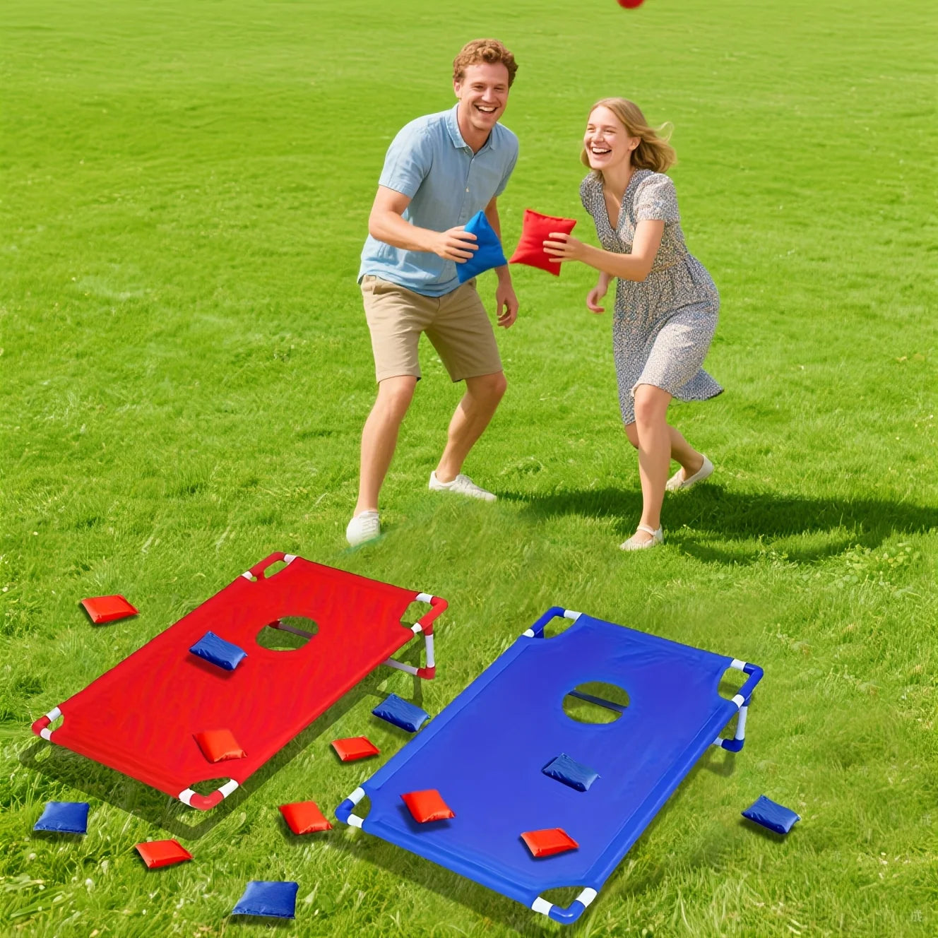 A Set of Red/Blue Portable Cornhole Game Set, Foldable and Durable, Summer Beach Bean Bag Toss Game, Suitable for Outdoor Parties, Camping, Beach and Backyard Entertainment - Perfect for Christmas, Easter, Thanksgiving and Gr