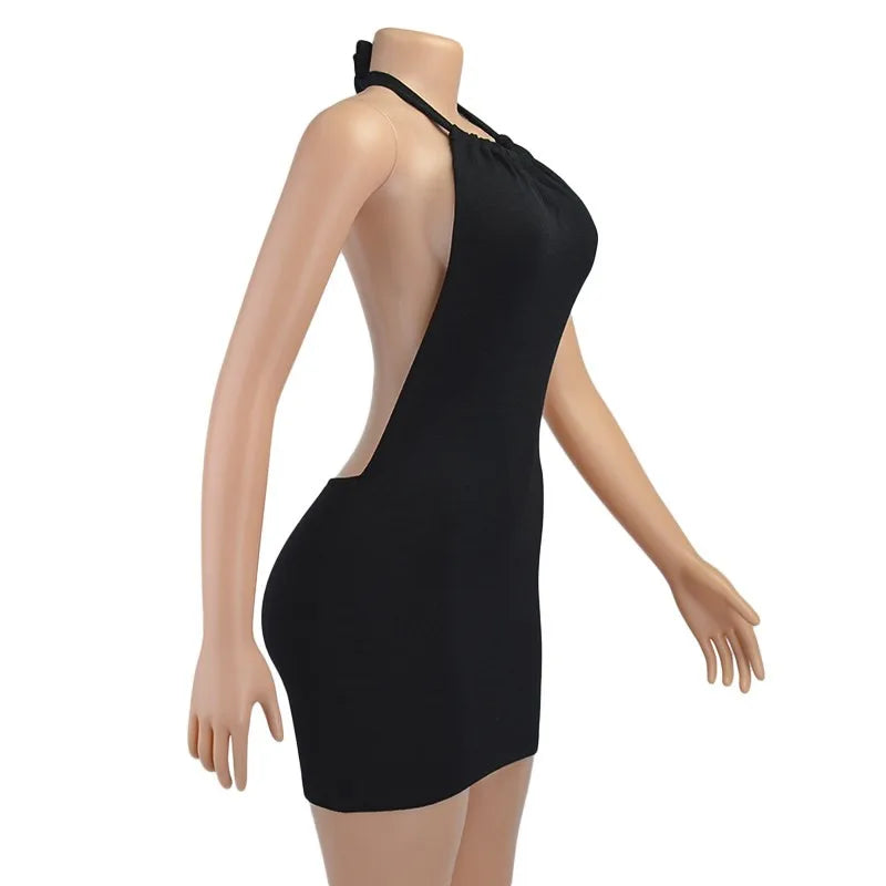 Women Sleeveless Backless Mini Skirt Dress 2023 Y2K Summer Bodycon Hang Neck Elegant Sexy Outfits Ladies Party Club Sundress - Smarsty