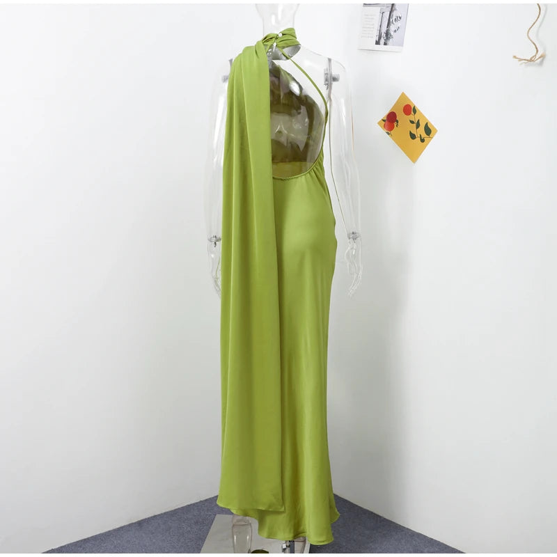 Sexy Satin Ribbon Party Dress Women Elegant Halter Backless Off Shoulder Sleeveless Female Dresses 2024 Summer Solid Robe Gown