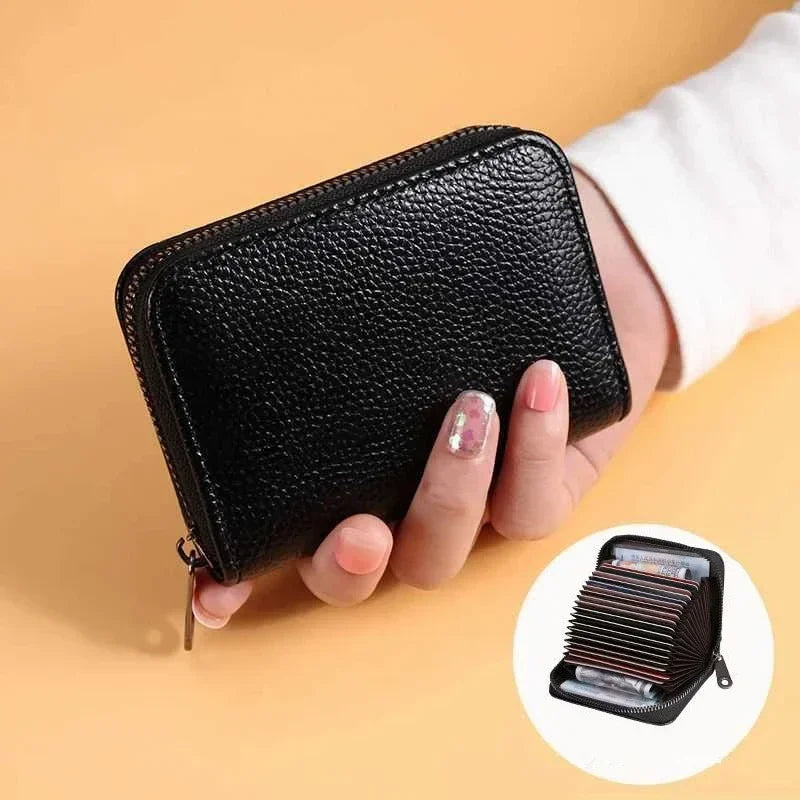 Multi Slot Card Holder Vintage Small Wallet Women Men Business Bank Credit Card Bag Male Coin Pouch Solid Leather Zipper Wallet - Smarsty
