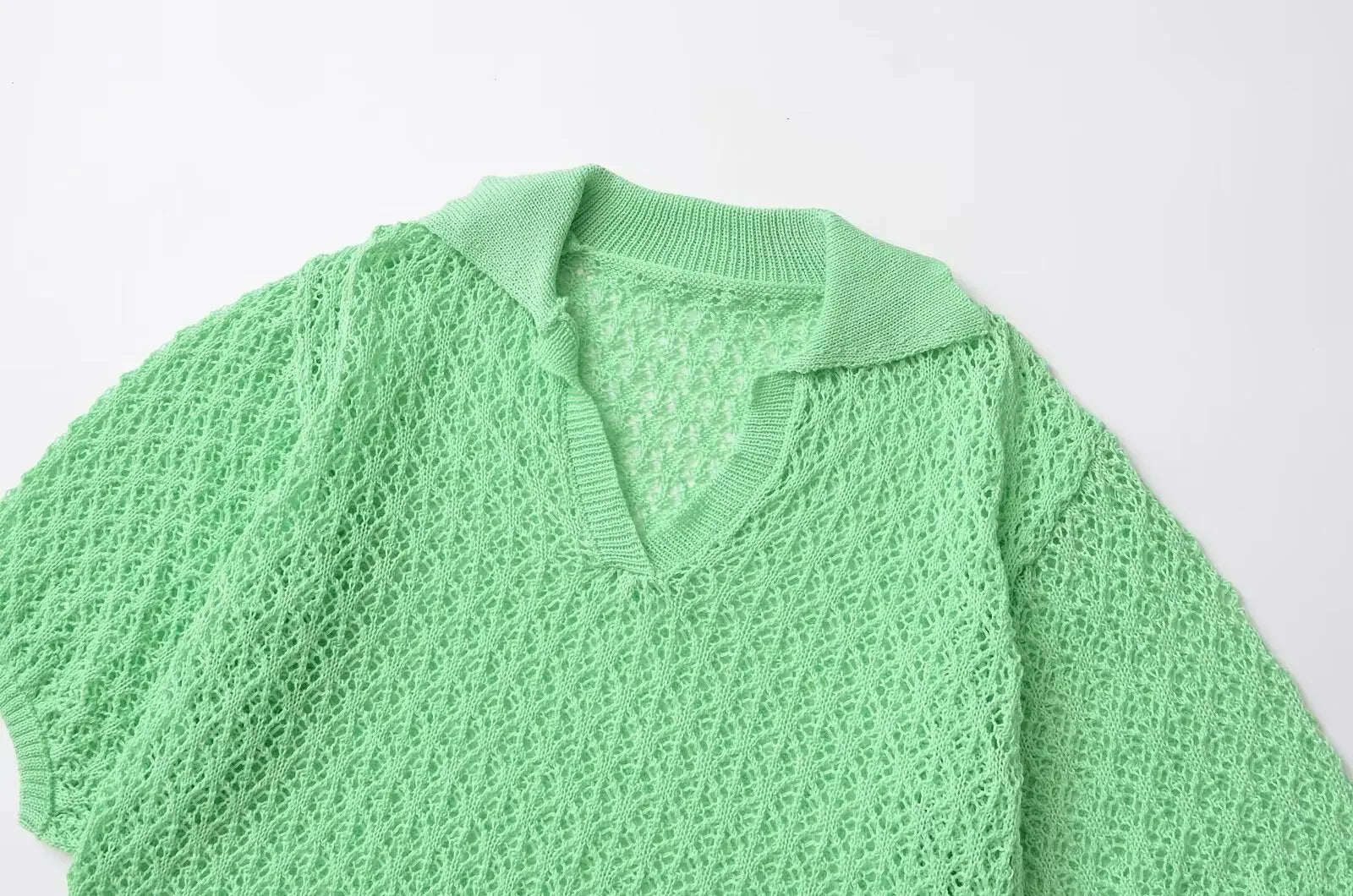 TRAFSHE Women Fashion Jacquard Solid Knitted Hollow Out Pullover Sweater Vintage Lapel Neck Short Sleeve Female Chic Lady Tops - Smarsty