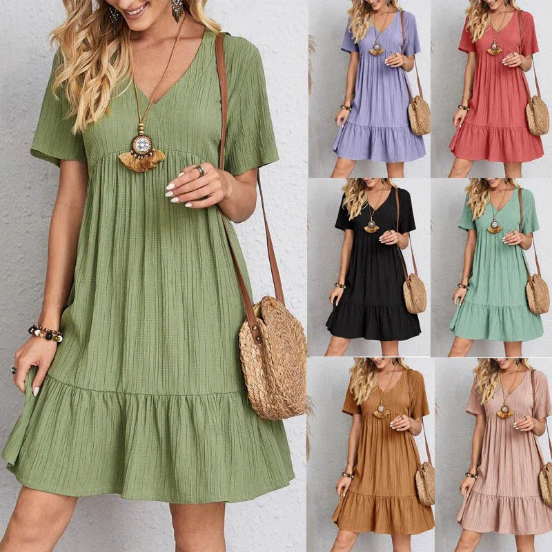 2025 Loose V-neck Short Sleeved Pleated Women Dress Solid Color A-line Beach Dresses Elegant Simple Comfortable Woman Clothing - Smarsty