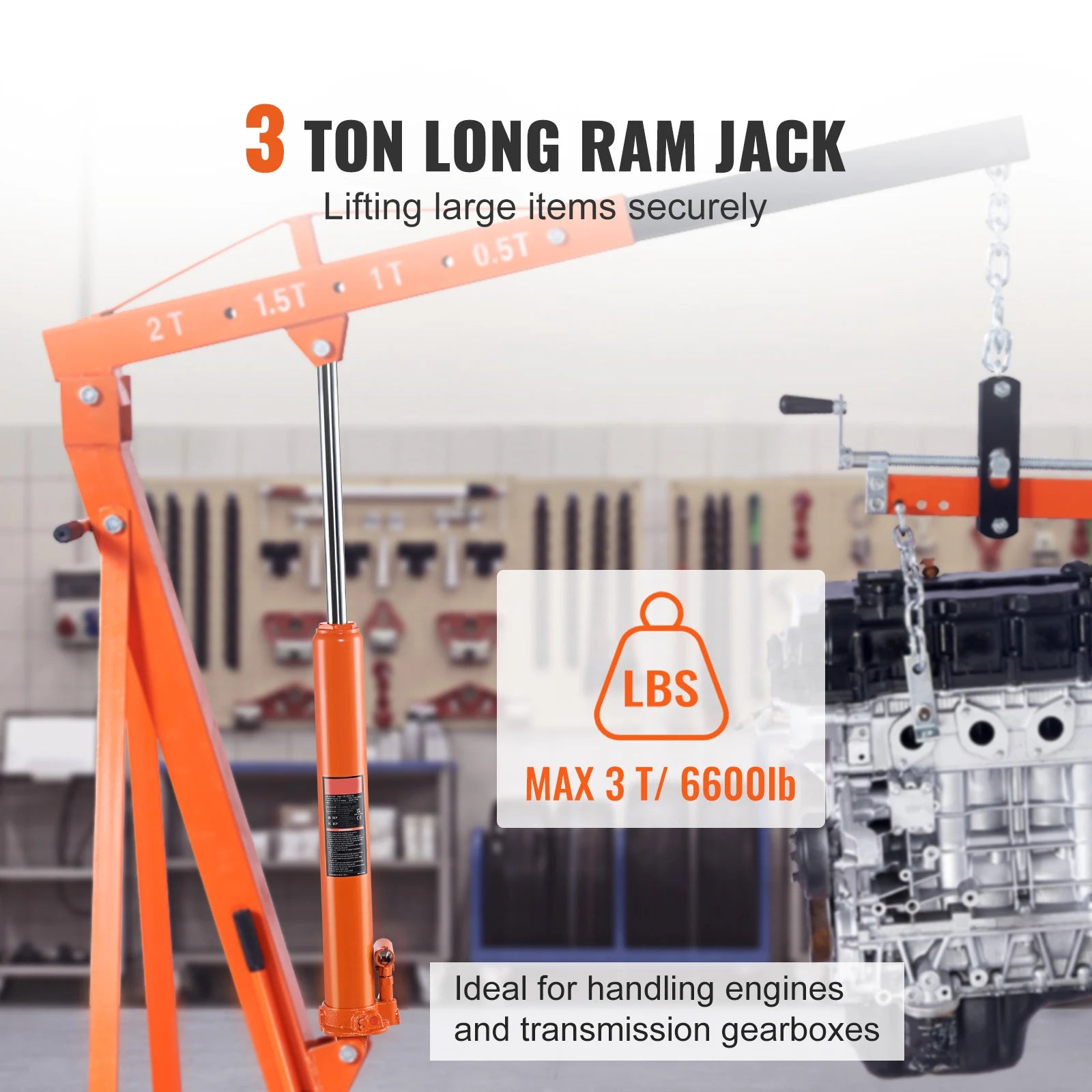 SucceBuy 3/8 Ton Hydraulic Long Ram Jack Engine Hoist Cylinder with Single Piston Pump, for Engine Lift Hoists, Hydraulic Garage