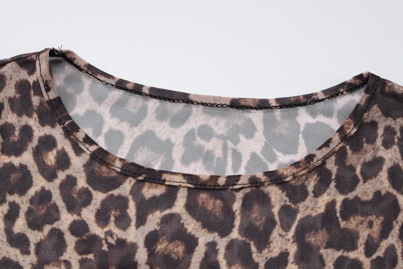 Hugcitar Leopard Print Mesh Long Sleeve Sexy Slim See Through Maxi Dress Fall Women Fashion Outfits Beach Vacation Club