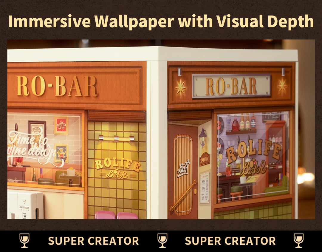 Robotime Rolife Super Creator Series Plastic Dollhouse Building Blocks for Kids Yum Burgers Leisurely Cheers Bar Sweet Sips Tea