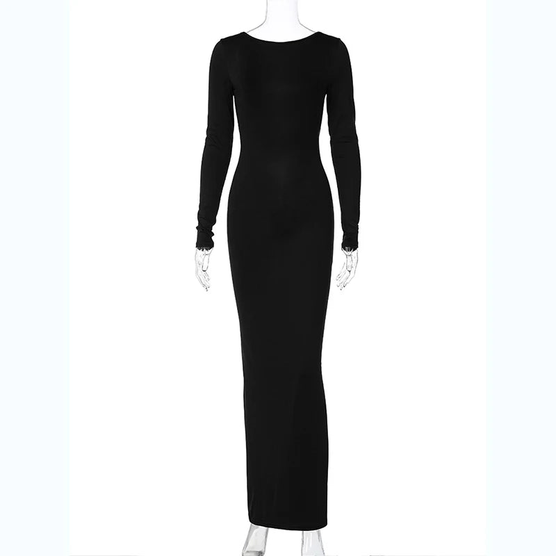 Hugcitar Spring Elegant Long Sleeve Backless Solid Cuched Sexy Bodycon Maxi Prom Dress Women Outfit Evening Party Festival Y2K - Smarsty