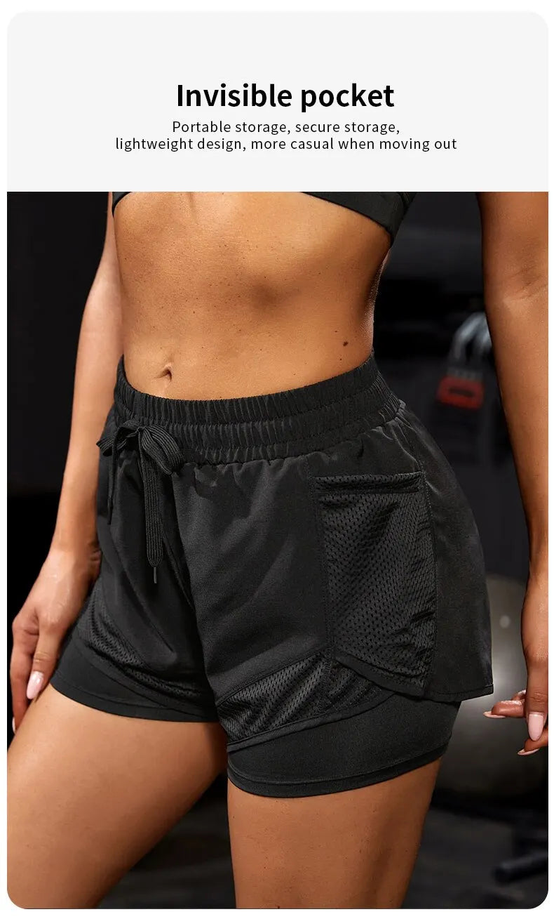 Women's Elastic Sports Shorts, Shorts With Pockets, Fake Two-Piece Yoga Leggings Running And Training - Smarsty