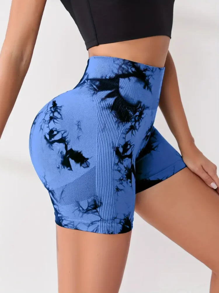 Tie Dye Multi Color Sports Shorts, High Waist Butt Lifting Training Shorts, Running Cycling Pants, Women's Activewear - Smarsty