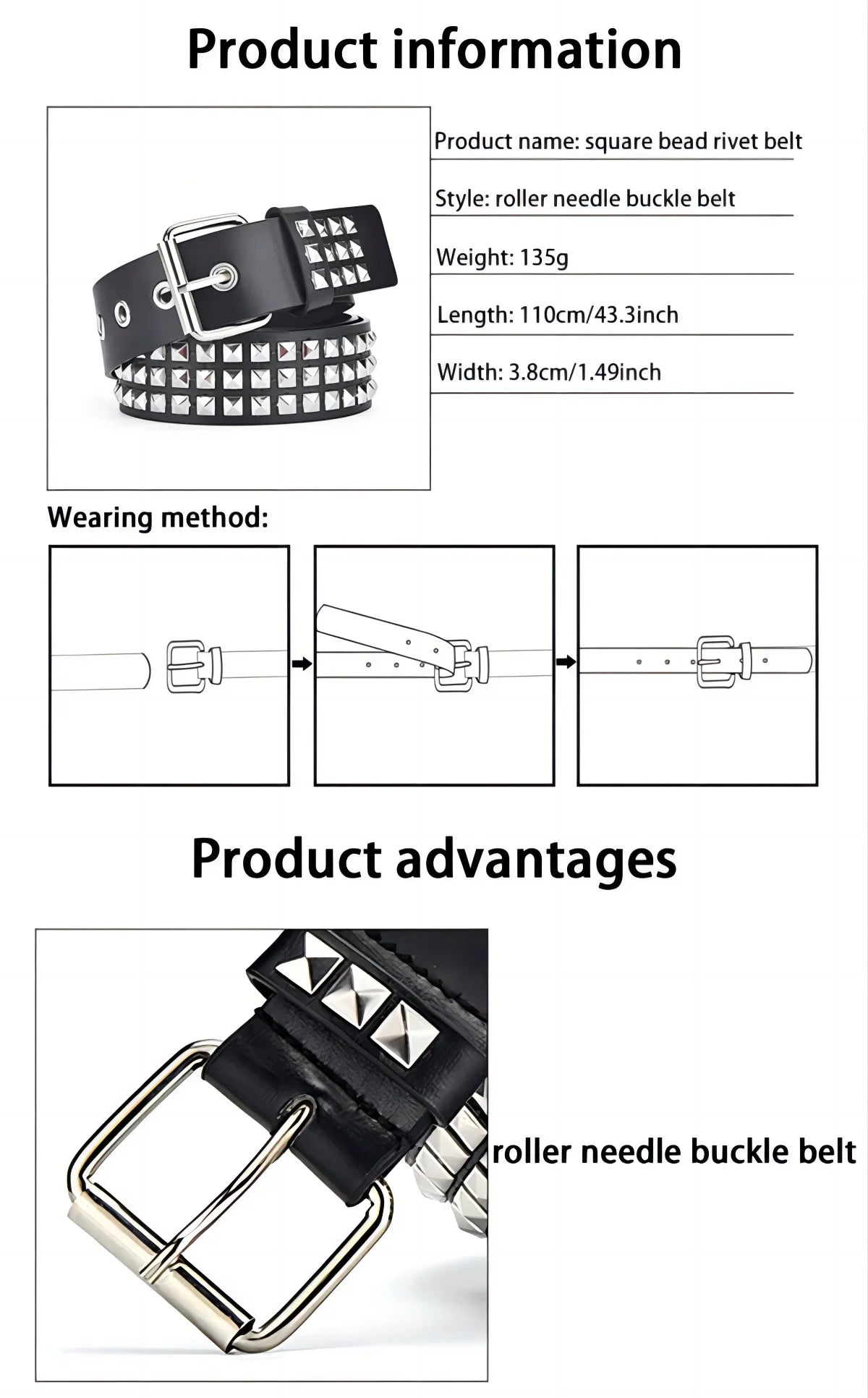 Unisex Square Bead Rivet Punk Metal Belt - Smarsty