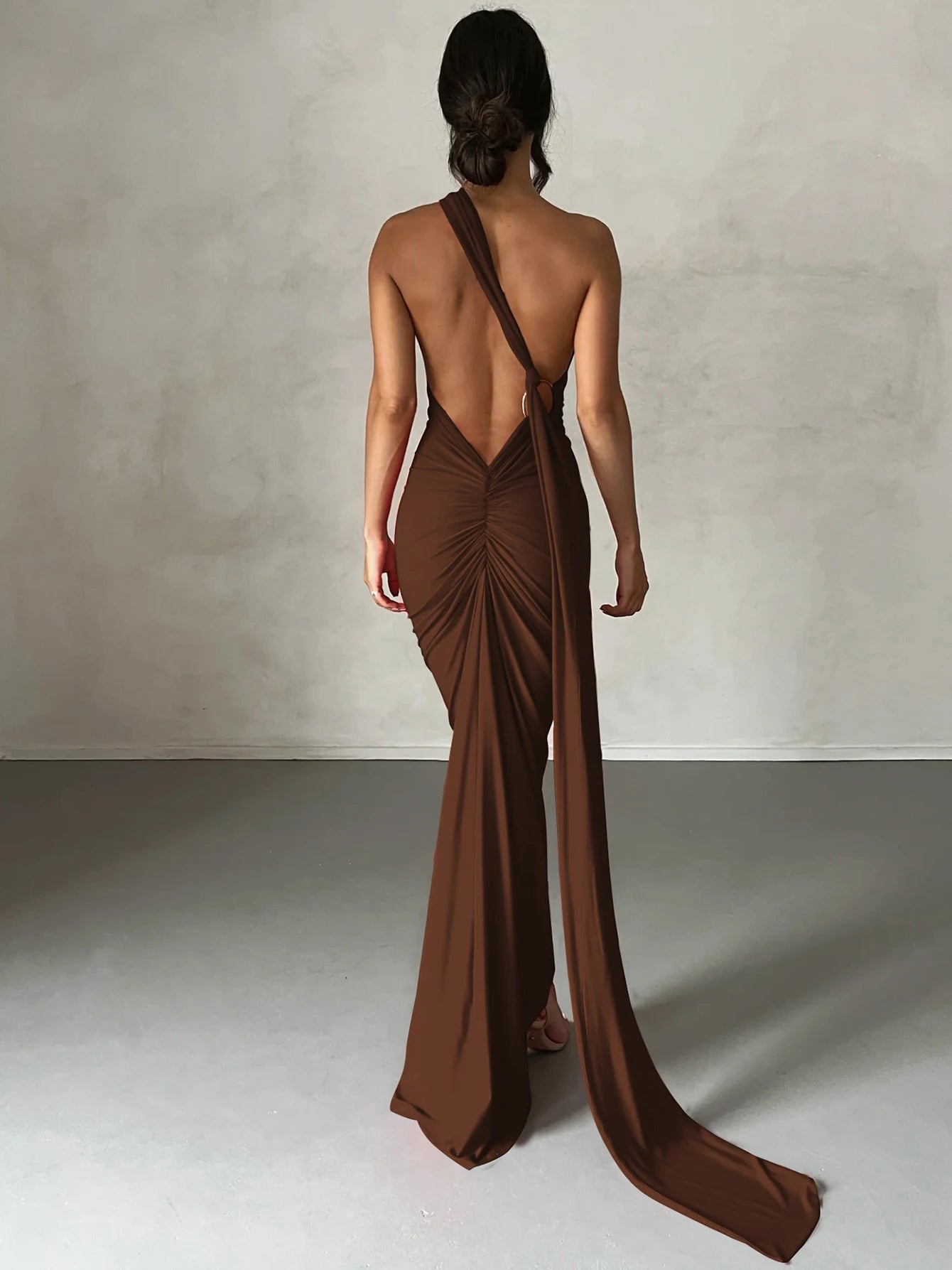 Hugcitar One Shoulder Backless Adjustable Scarf Loop Ruched Sexy Maxi Dress Women Elegant Y2K Streetwear Festival Outfit - Smarsty