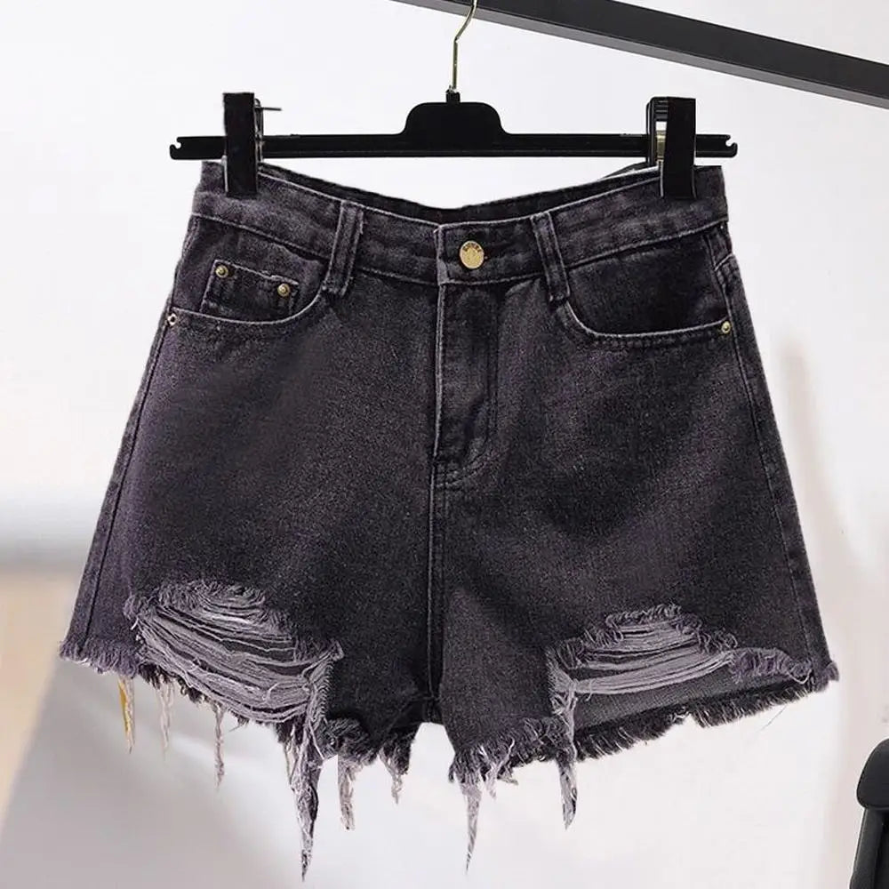 Summer Women's Cowboy Shorts Korean High Waist Casual Denim Shorts Pocket Tassel Perforated Ripped Holes Y2K Girls White Jeans - Smarsty