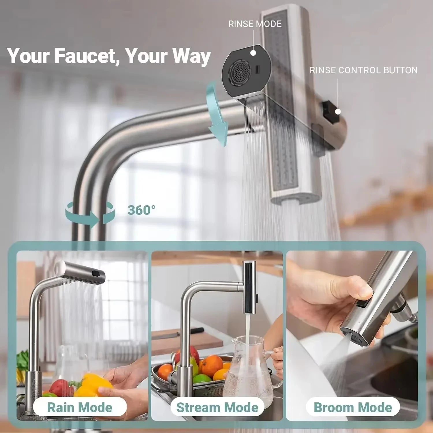 Flexible Stainless Steel Kitchen Faucet with Stream Shower Mode - Smarsty