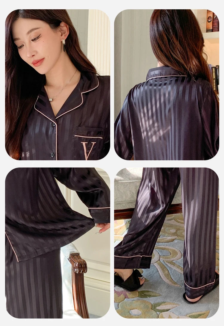 Women's Ice Silk Pajama Set Long Sleeve Long Pants Lightweight Sleepwear for Spring And Autumn Comfortable Homewear Pj Set - Smarsty