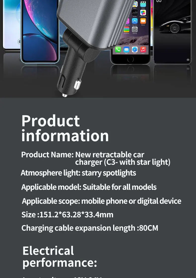5-in-1 180W Car Fast Charger USB Type-C Power Adapter Retractable Phone Charger With Roof Starlight For IOS Android Phones - Smarsty
