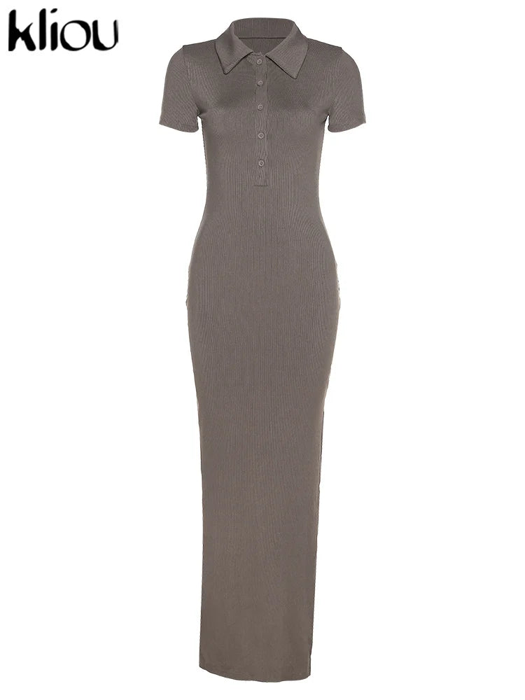 Kliou Elegant Office Lady Maxi Dress Women Solid Fashion Turn-down Collar Short Sleeve Button Side Slit Body-Shaping Street Robe - Smarsty