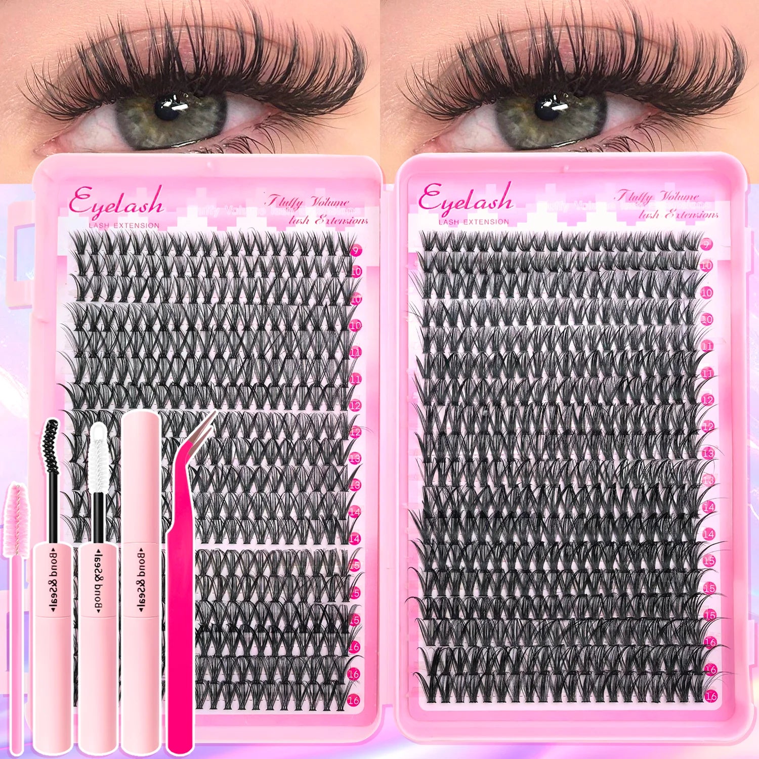 720/200pcs eyelash Extension Kit Fluffy Eyelash Extension kit with Lash Bond and Seal Lash Tweezers Thick Lash Clusters Wispy - Smarsty