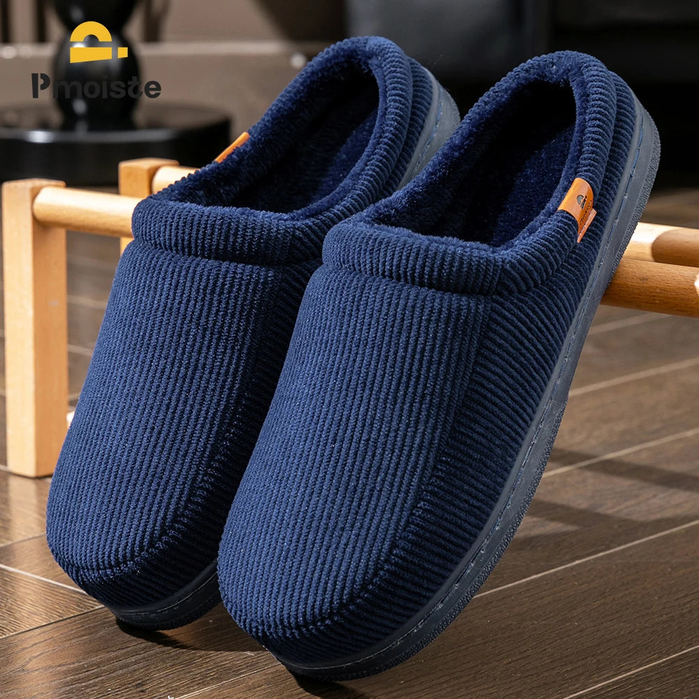 Warm Slippers for Men TPR Sole Memory Foam Soft Cushion Non Slip Stripe Design Comfortable Corduroy House Shoes - Smarsty