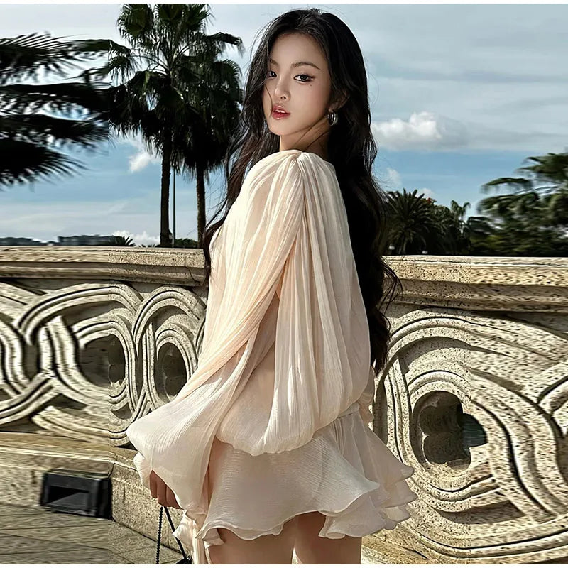 TWOTWINSTYLE Solid Spliced Lace Up Loose Dresses For Women O Neck Long Sleeve High Waist Temperament Dress Female Fashion New - Smarsty